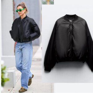 NWT ZARA OVERSIZED COATED PADDED BOMBER BLACK